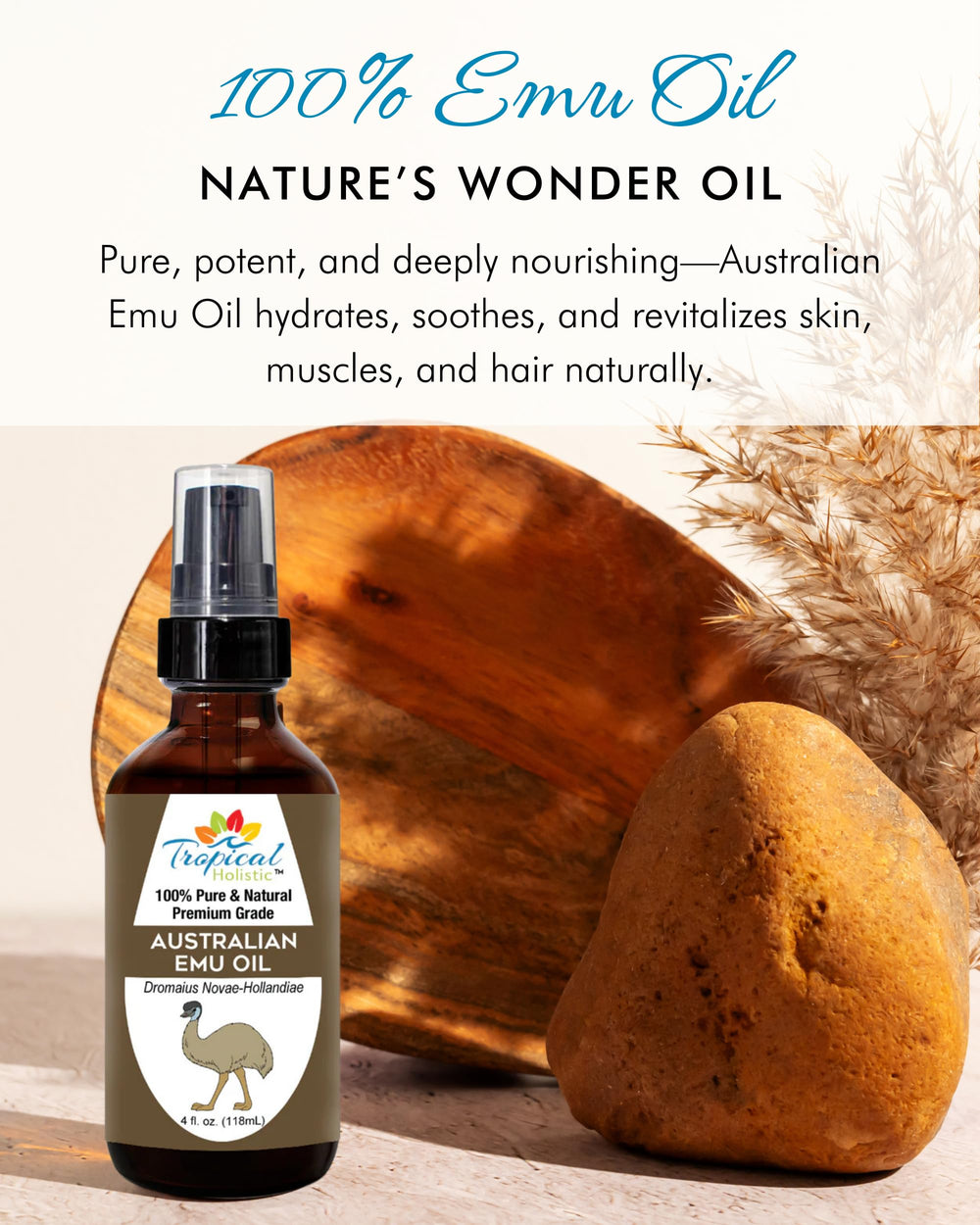 Tropical Holistic Emu Oil on nails and cuticles for moisturized strength.