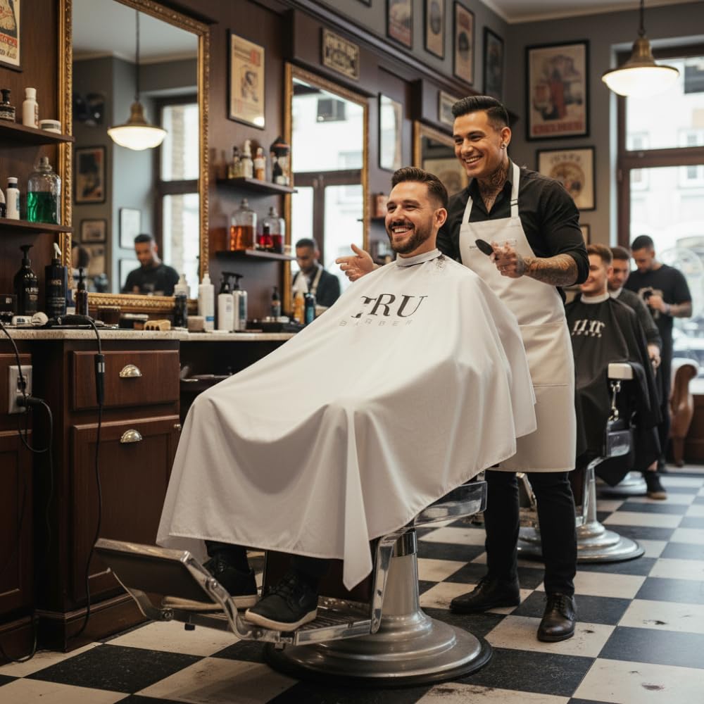 TRU BARBER cape 50x58 offers wide coverage for versatile styling.