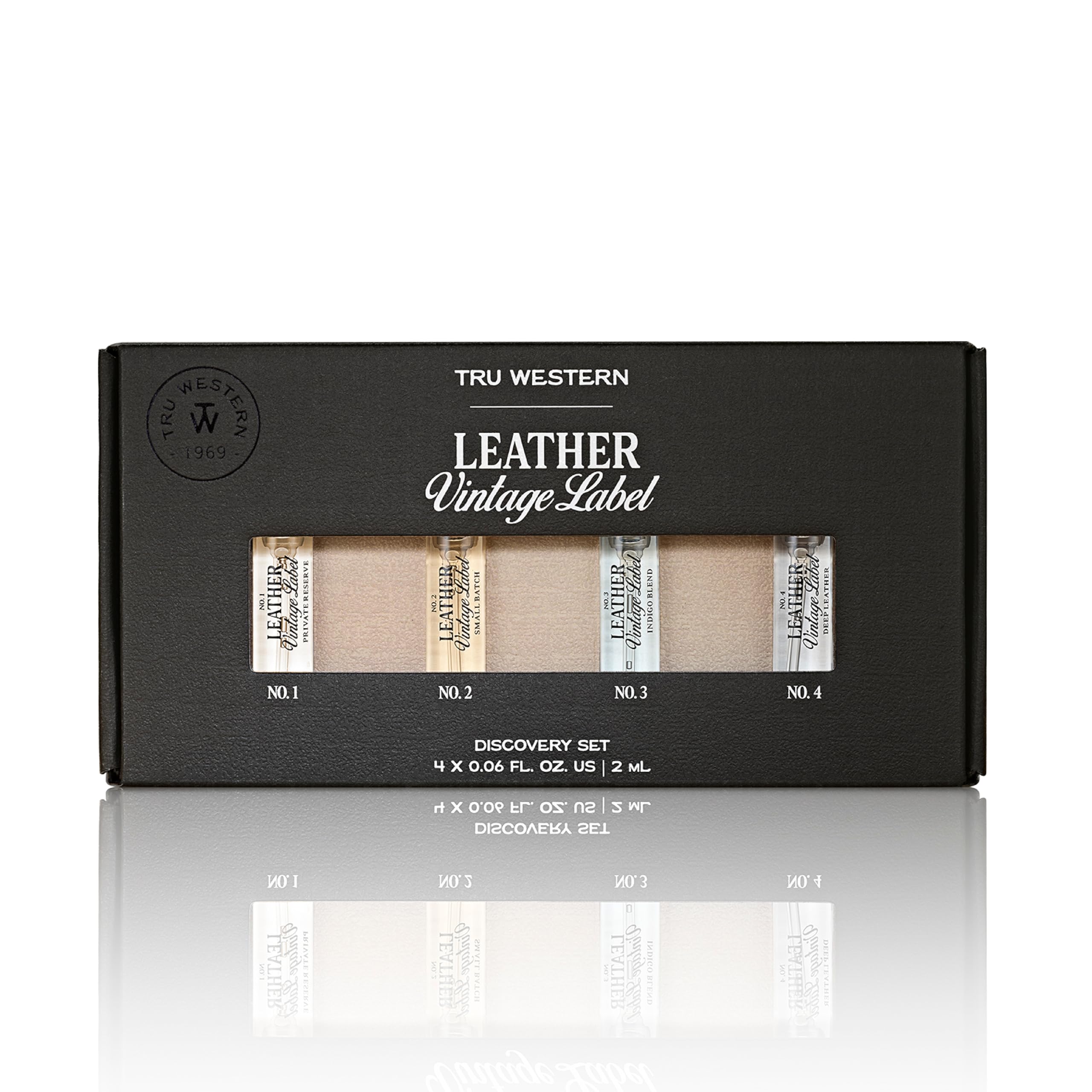 Tru Fragrance Leather Vintage Label No.2 Small Batch bottle evokes bourbon-inspired suede and fresh sage.