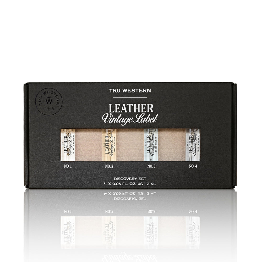 Tru Fragrance Leather Vintage Label No.2 Small Batch bottle evokes bourbon-inspired suede and fresh sage.