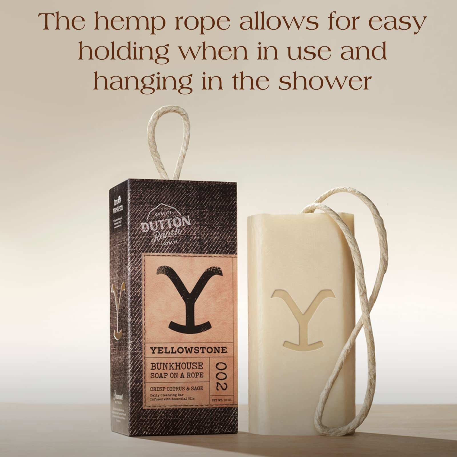 Tru Fragrance Beauty Yellowstone Bunkhouse Soap hanging rope display for easy shower storage