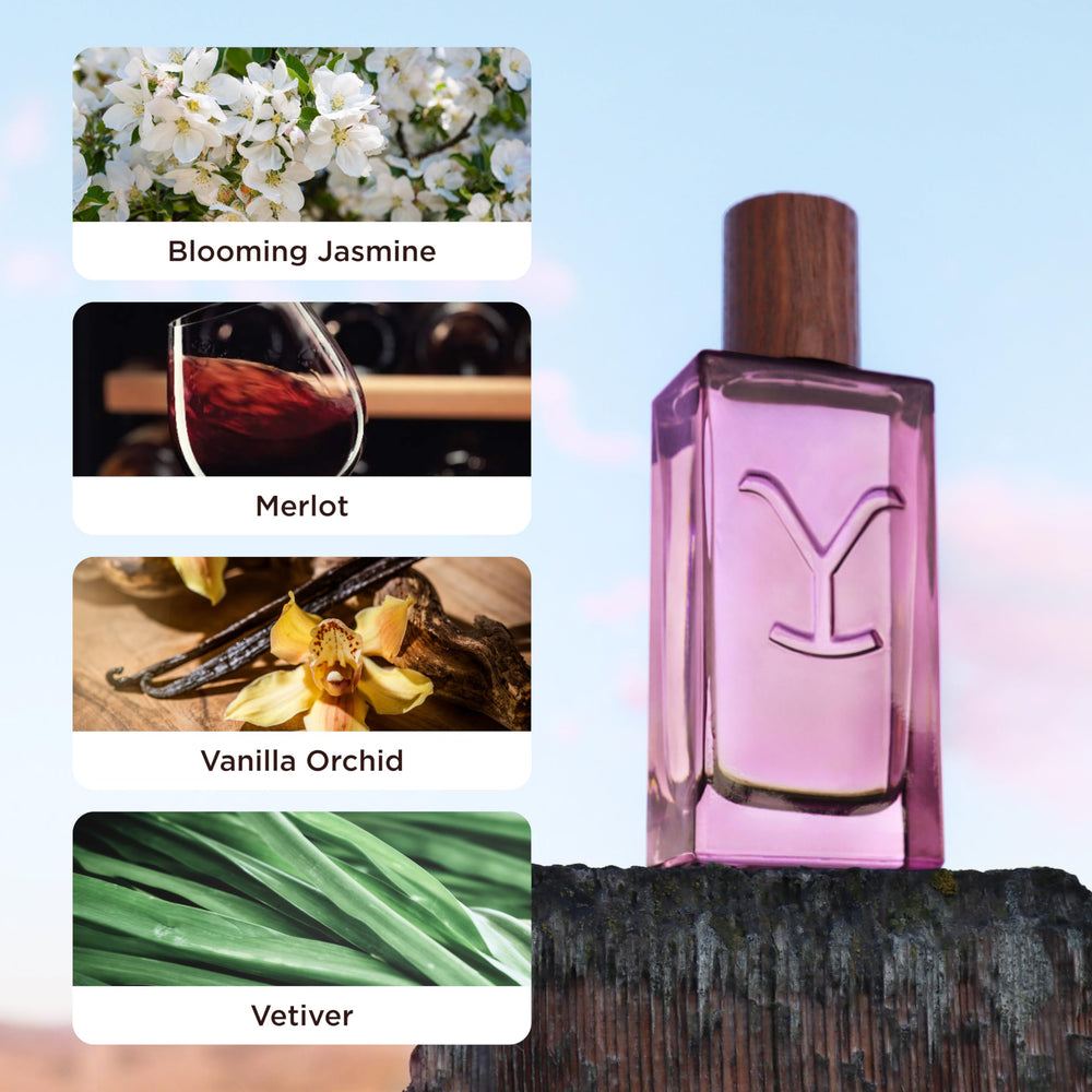 Tru Fragrance Yellowstone Dusk bottle with wooden background for warm evening wear.