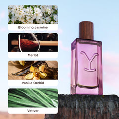 Tru Fragrance Yellowstone Dusk bottle with wooden background for warm evening wear.