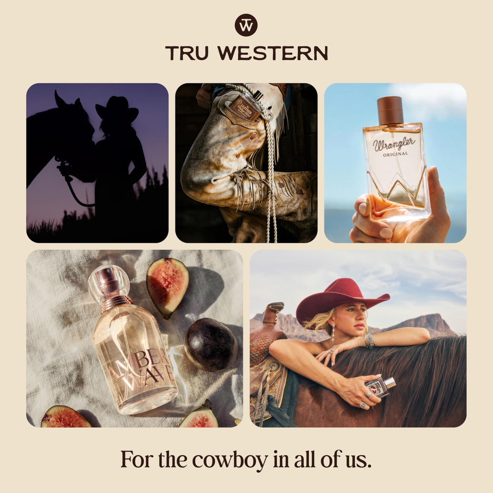 Tru Fragrance Yellowstone Dusk full bottle on rustic surface implies outdoor-adventure vibe.