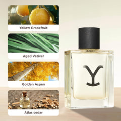 Yellowstone Original label closeup by Tru Fragrance Beauty shows Desert Verbena and Vetiver.