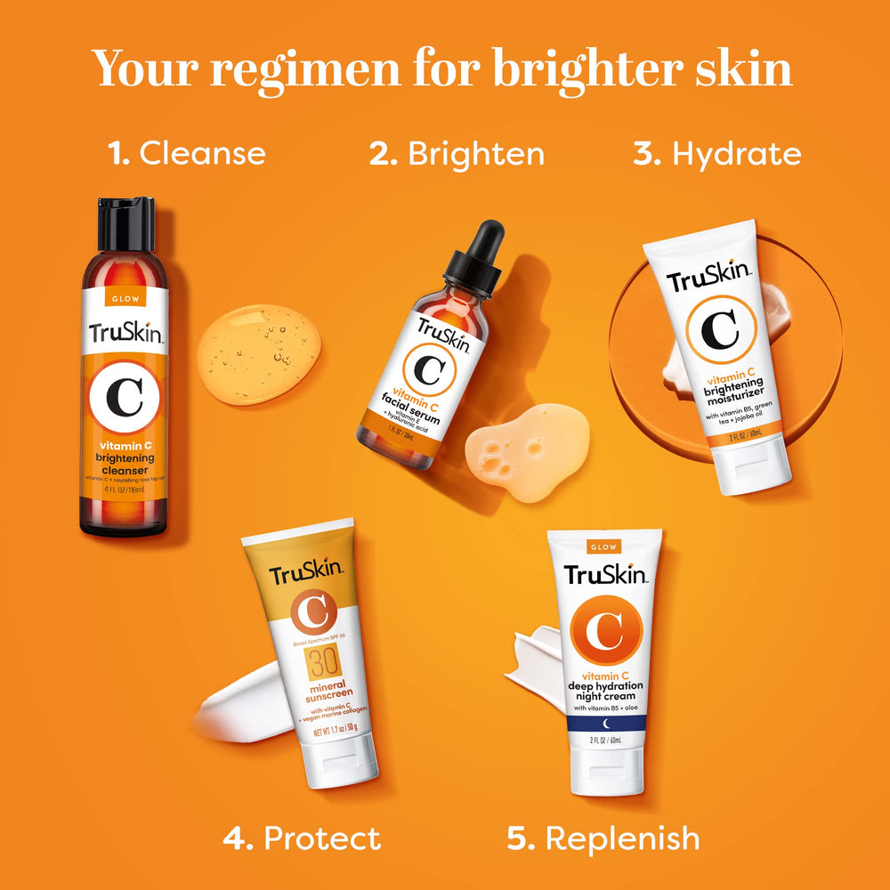 TruSkin Mineral Sunscreen SPF 30 ingredient list featuring Vitamin C and vegan Marine Collagen.