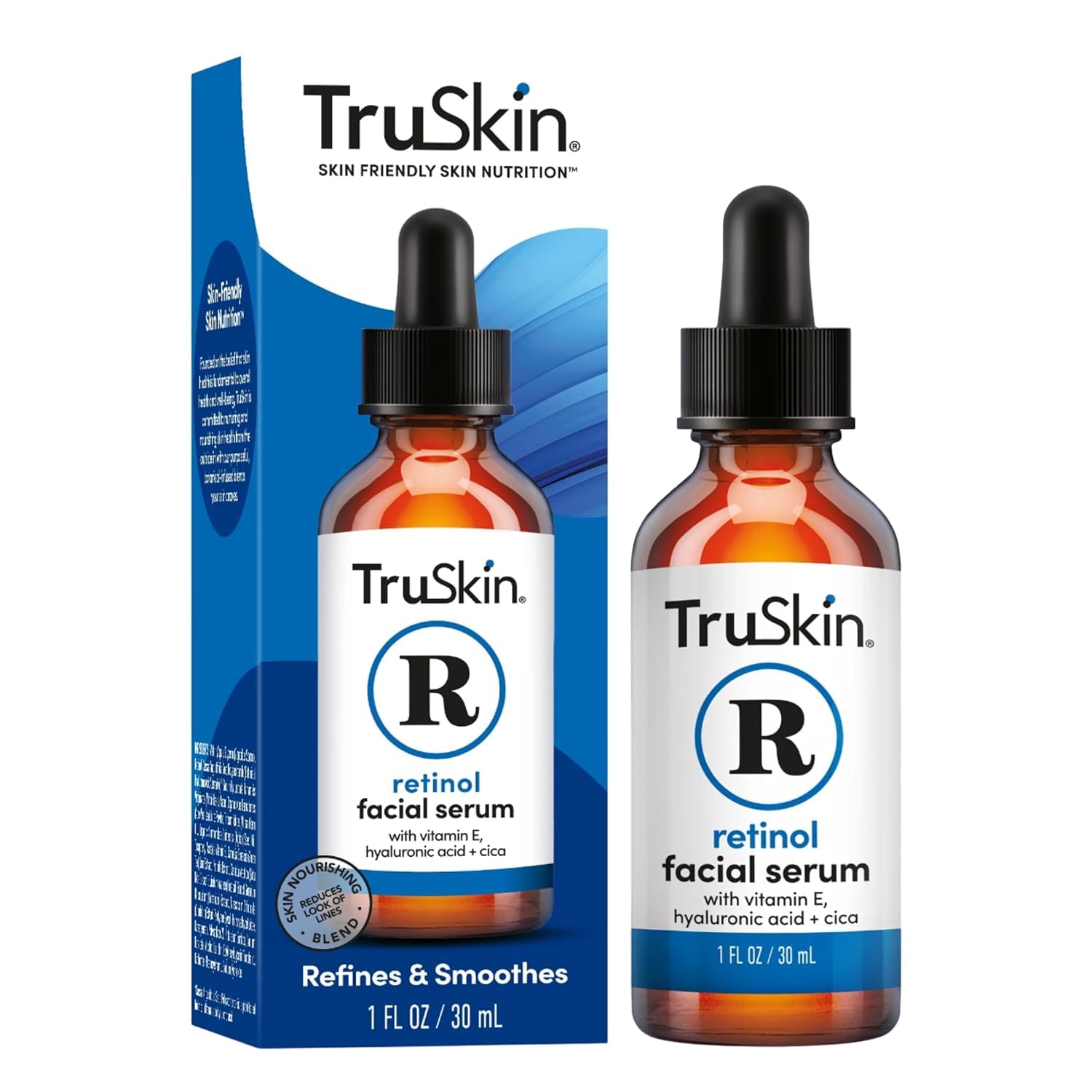 TruSkin Retinol Serum bottle closeup for gentle anti-aging nourishment.