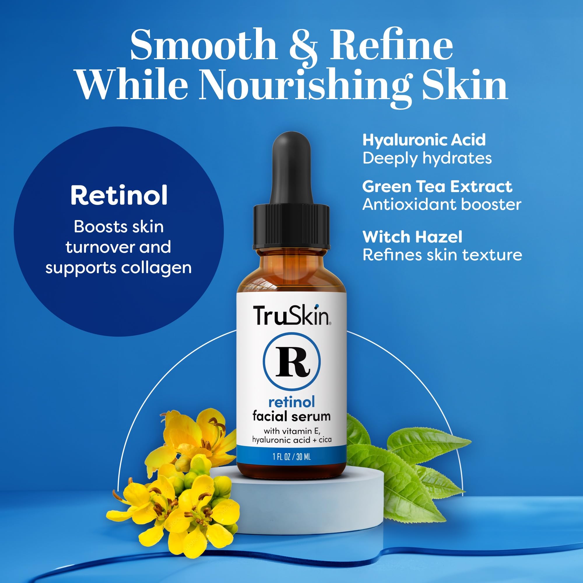 TruSkin Retinol Serum dropper pouring shows skin-smoothing hydration.