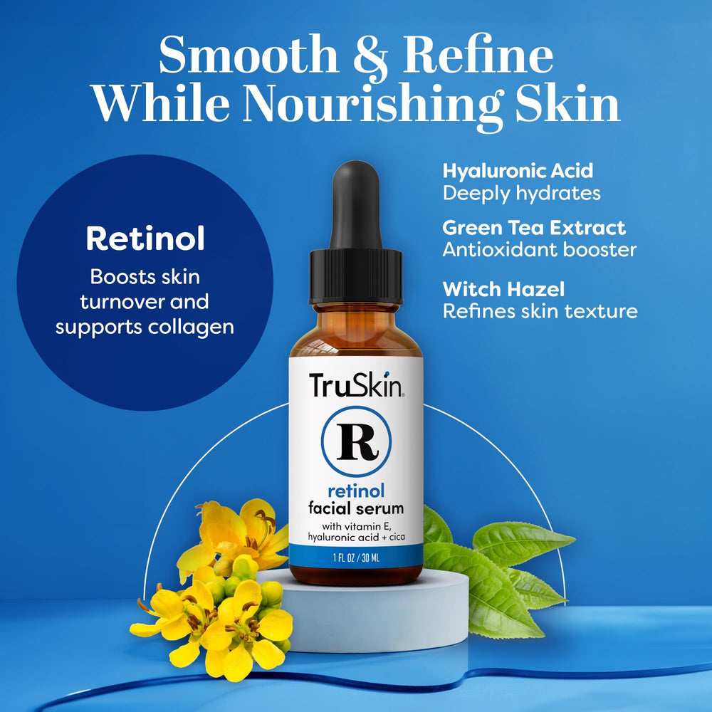 TruSkin Retinol Serum dropper pouring shows skin-smoothing hydration.