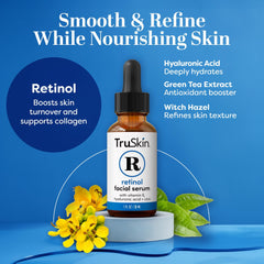 TruSkin Retinol Serum dropper pouring shows skin-smoothing hydration.