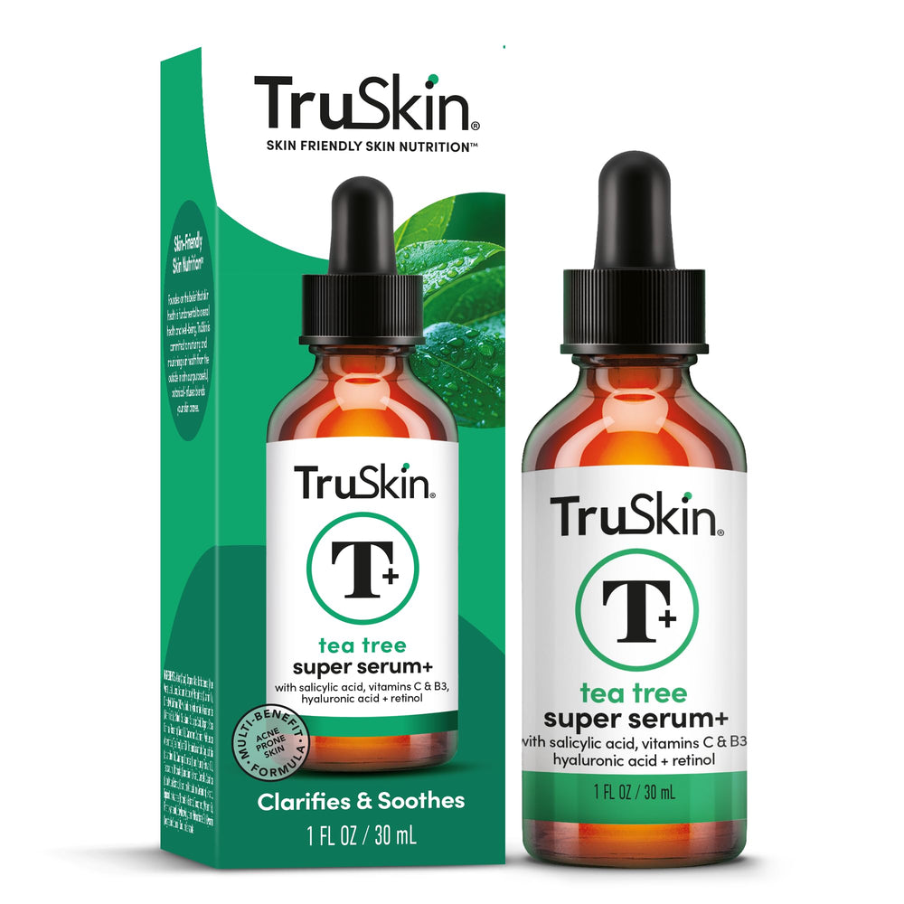 TruSkin Tea Tree Oil Acne Serum bottle closeup showing lightweight formula for quick absorption.