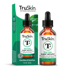 TruSkin Tea Tree Oil Acne Serum bottle closeup showing lightweight formula for quick absorption.
