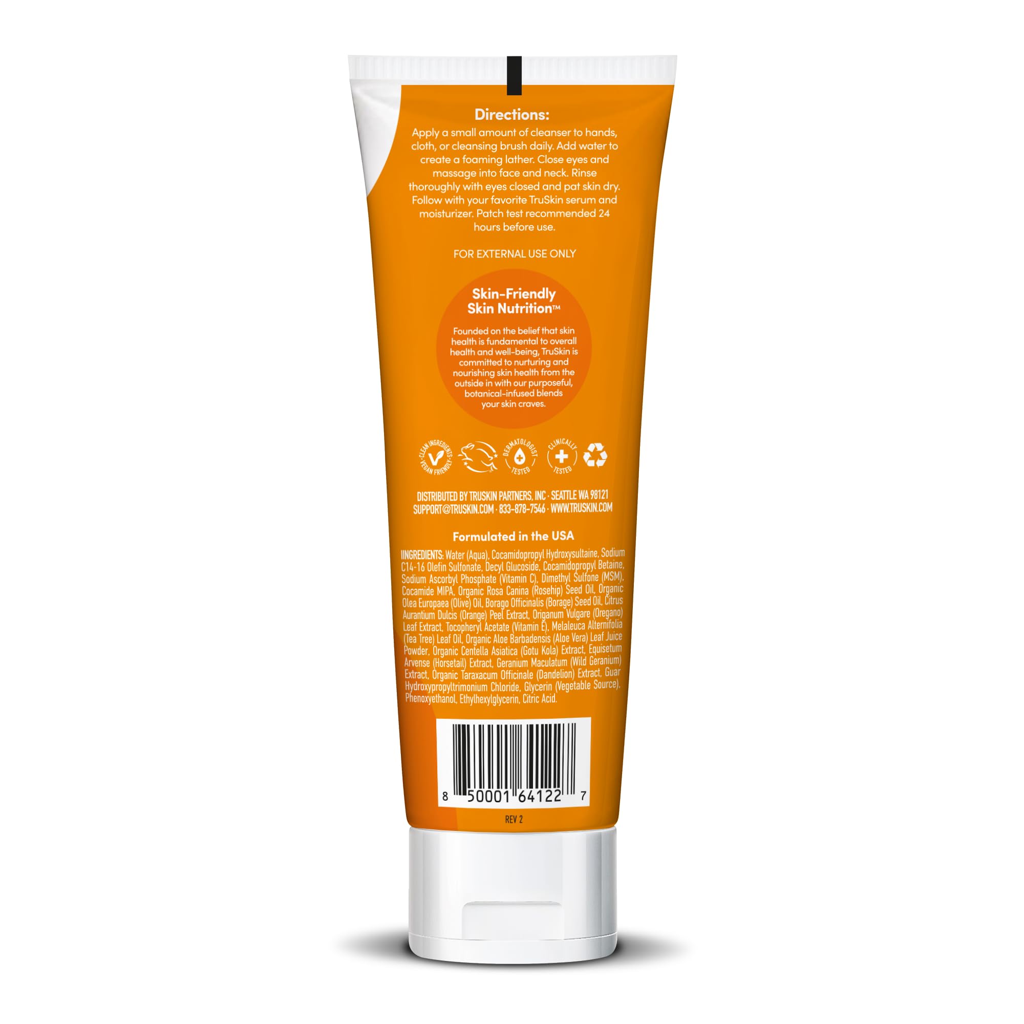 TruSkin Vitamin C Cleanser cruelty-free and USA-made badge reflects quality