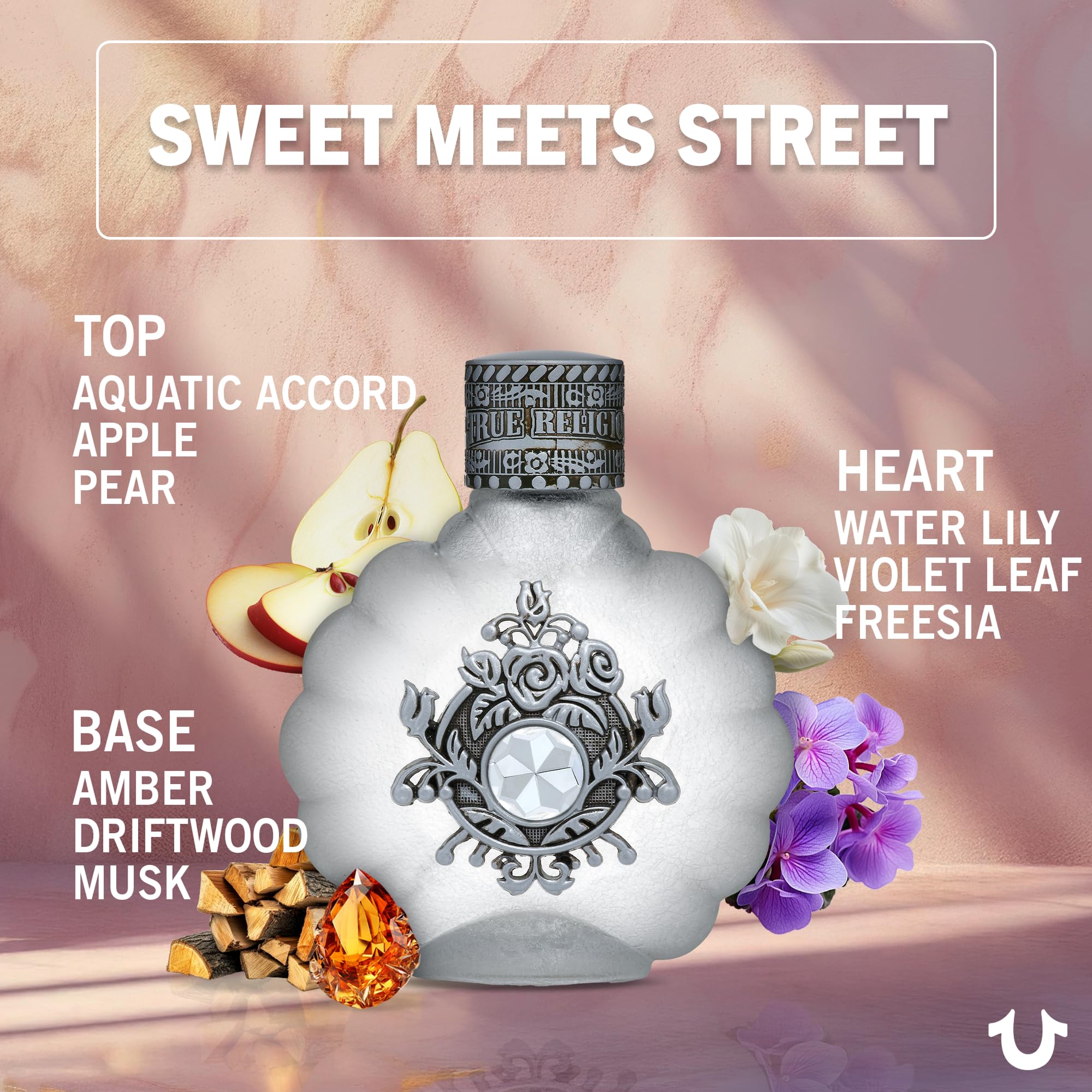 True Religion top-notes apple and pear highlight a sparkling opening.