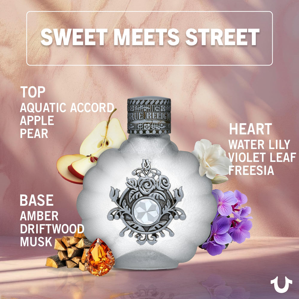 True Religion top-notes apple and pear highlight a sparkling opening.