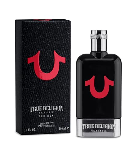 True Religion Men Cologne bottle side view emphasizing woody profile for evening occasions.