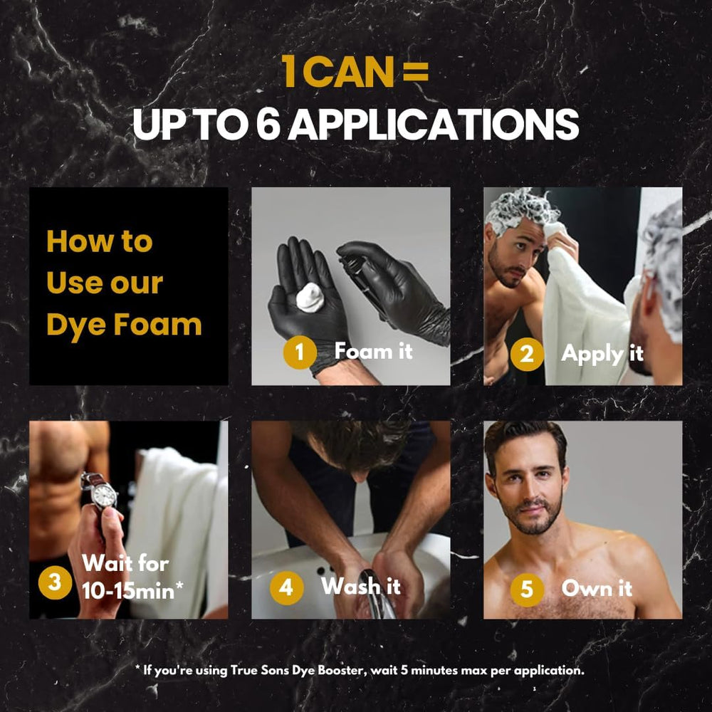 True Sons hair dye kit contents include foam, booster, gloves, and guide.