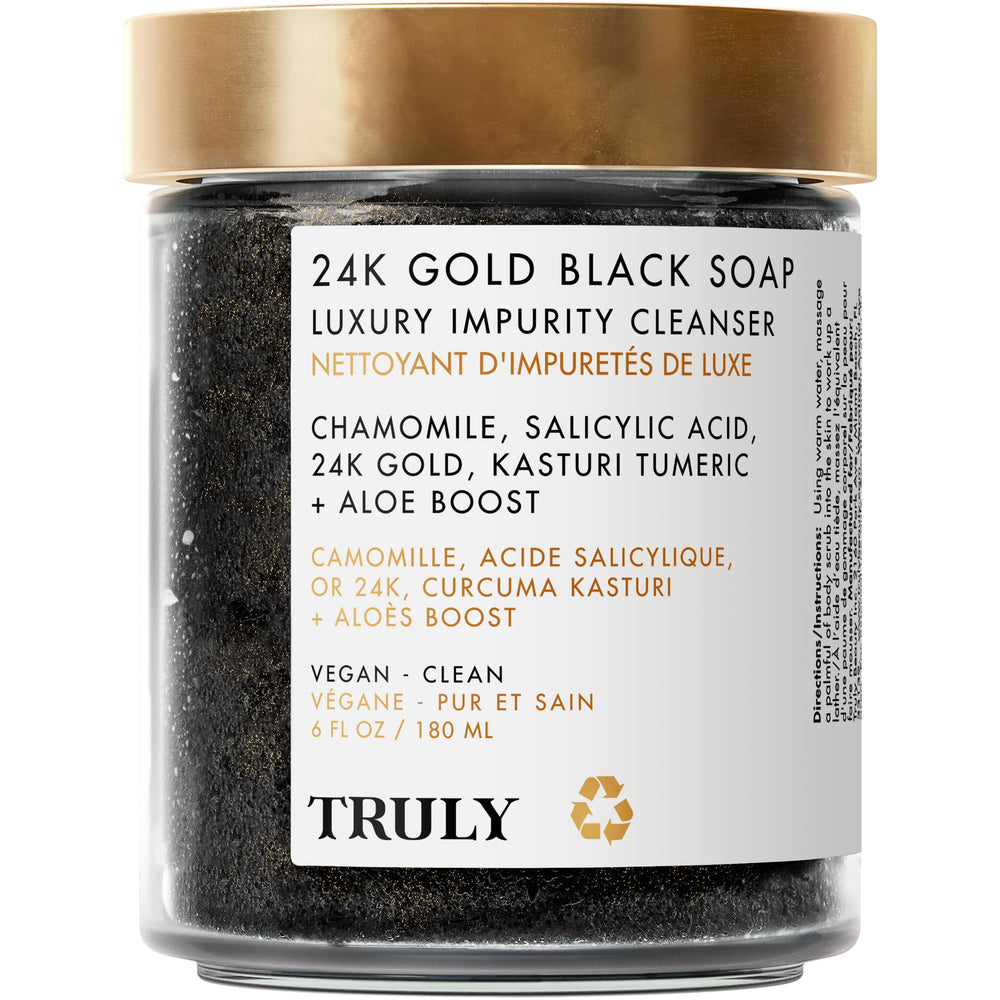 Truly 24K Gold Black Soap bottle offering a luxe cleanse for purified, refined pores