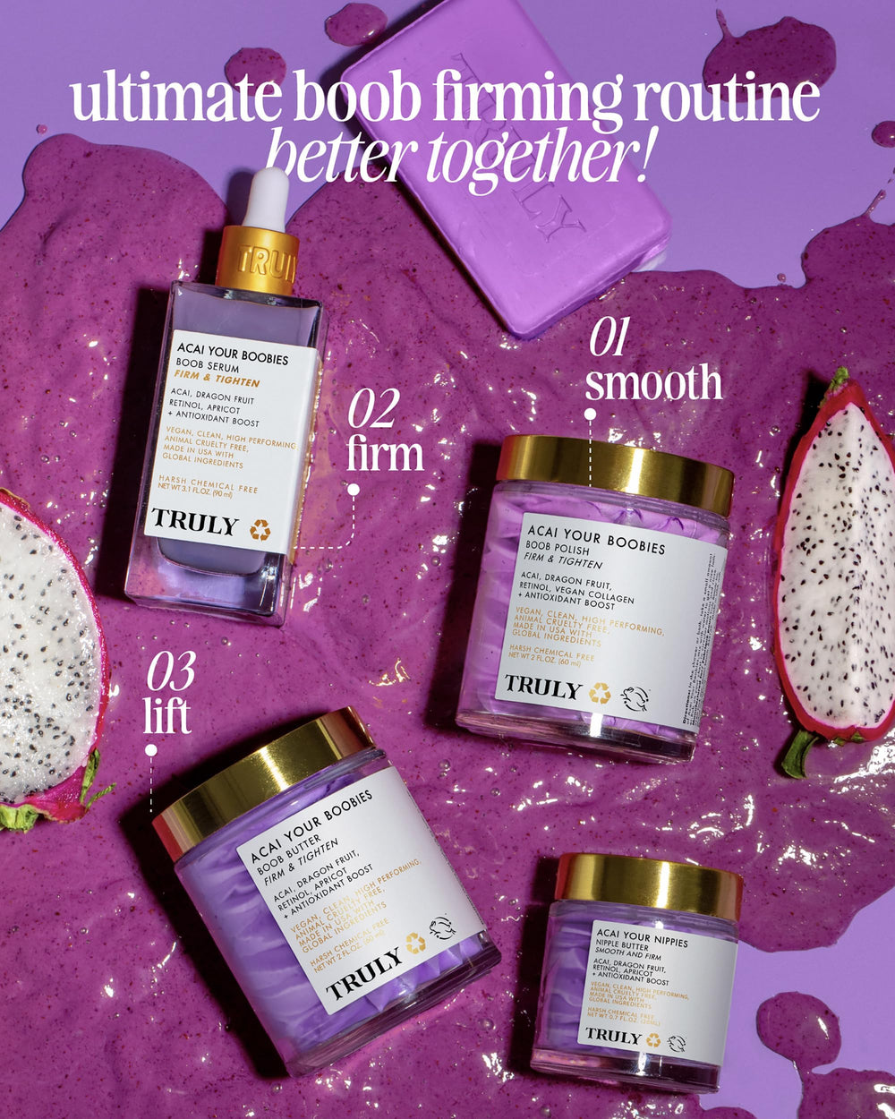 Truly Beauty Acai Your Boobies serum packaging emphasizes Organic and Gmo Free credentials