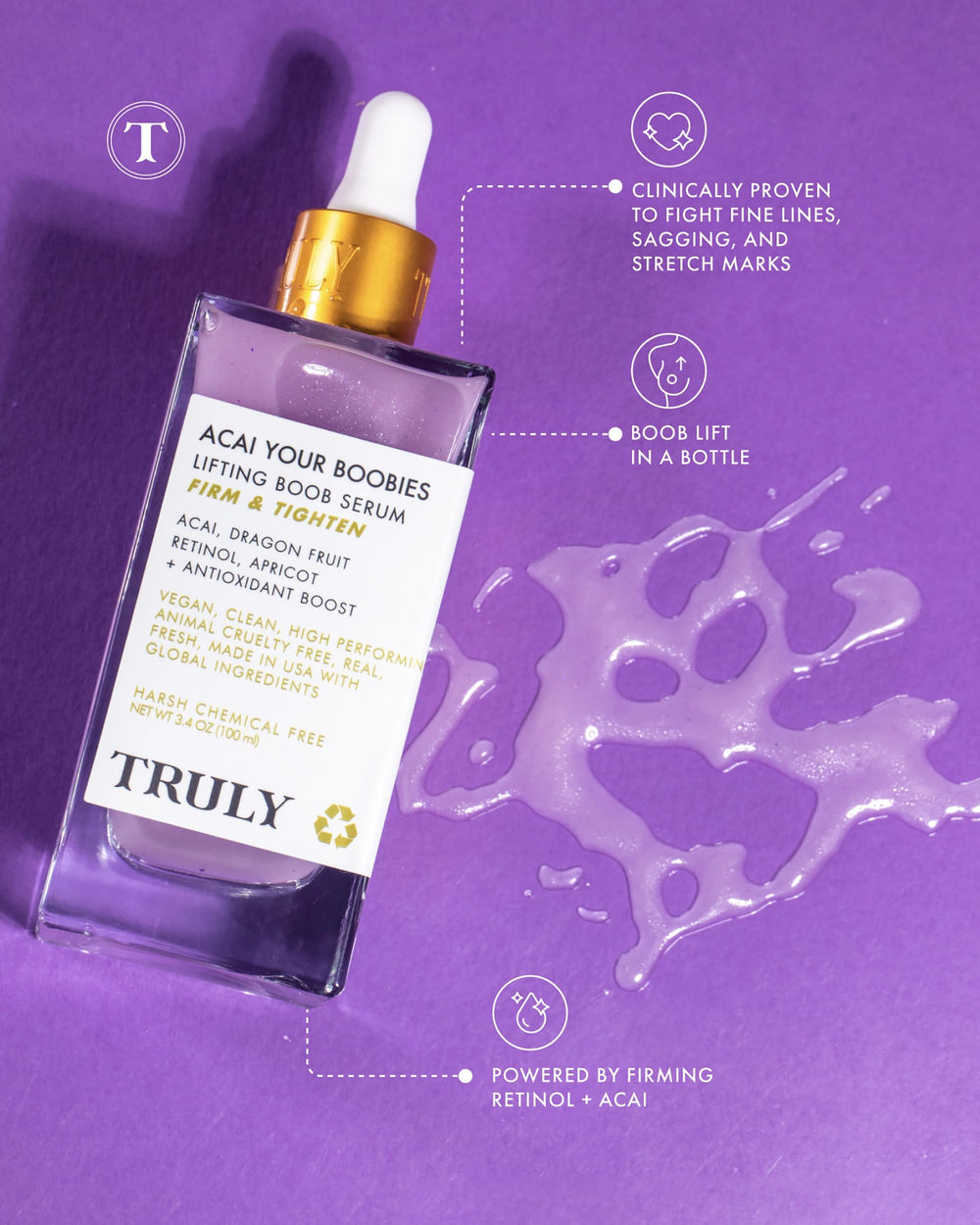 Truly Beauty Acai Your Boobies serum texture closeup appears silky and fast-absorbing