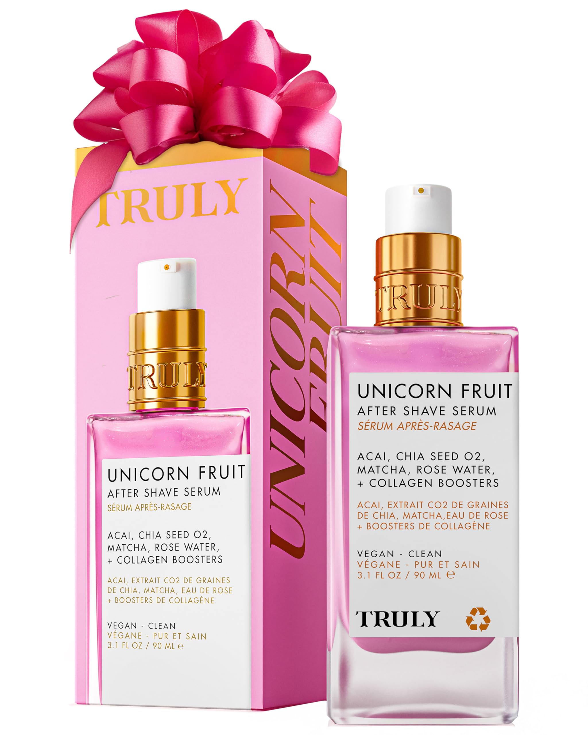 Truly Beauty Unicorn Fruit After Shave Serum bottle close-up shows a lightweight, fast-absorbing formula for calm skin.