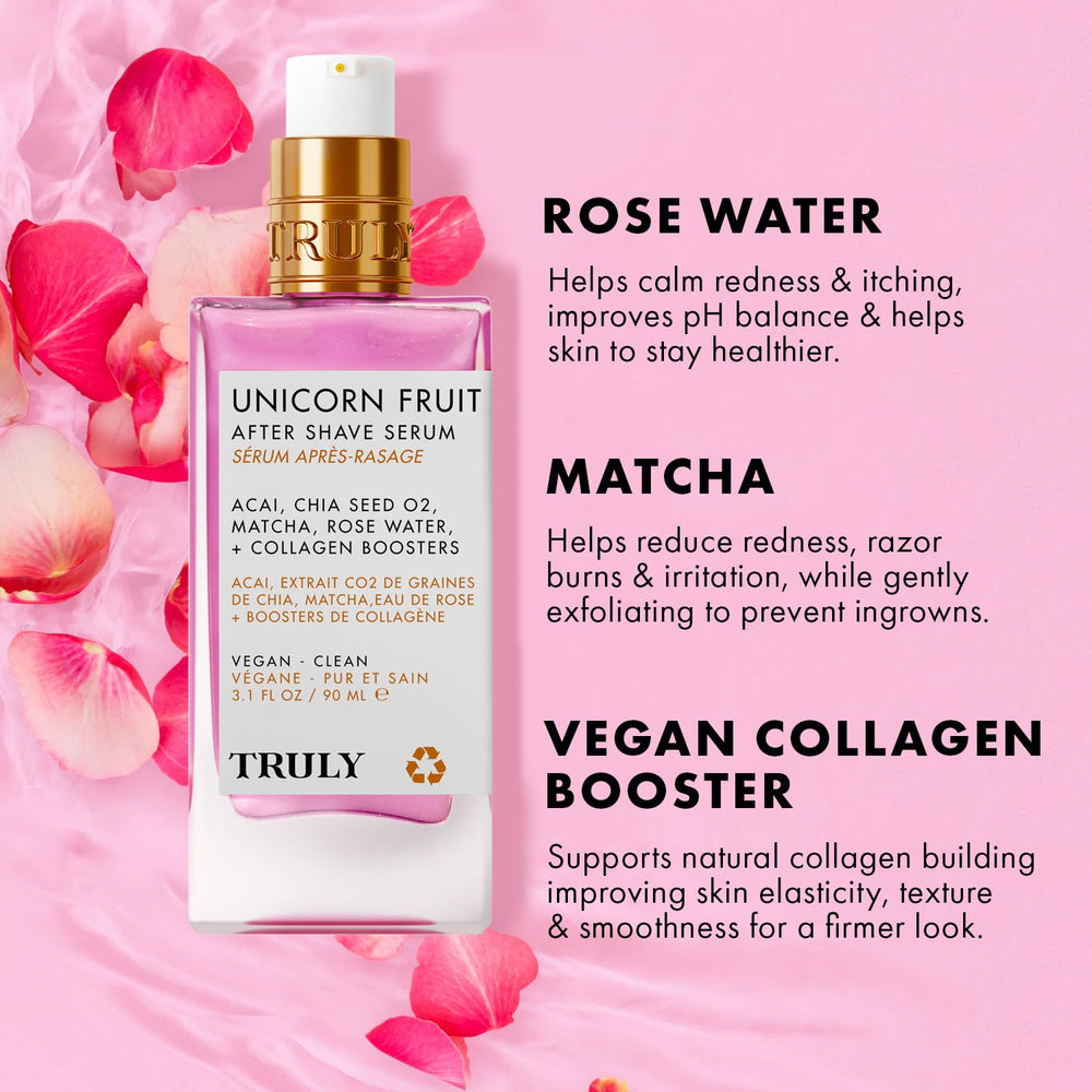 Truly Beauty Unicorn Fruit After Shave Serum matcha-nourishment shot emphasizes skin barrier support.