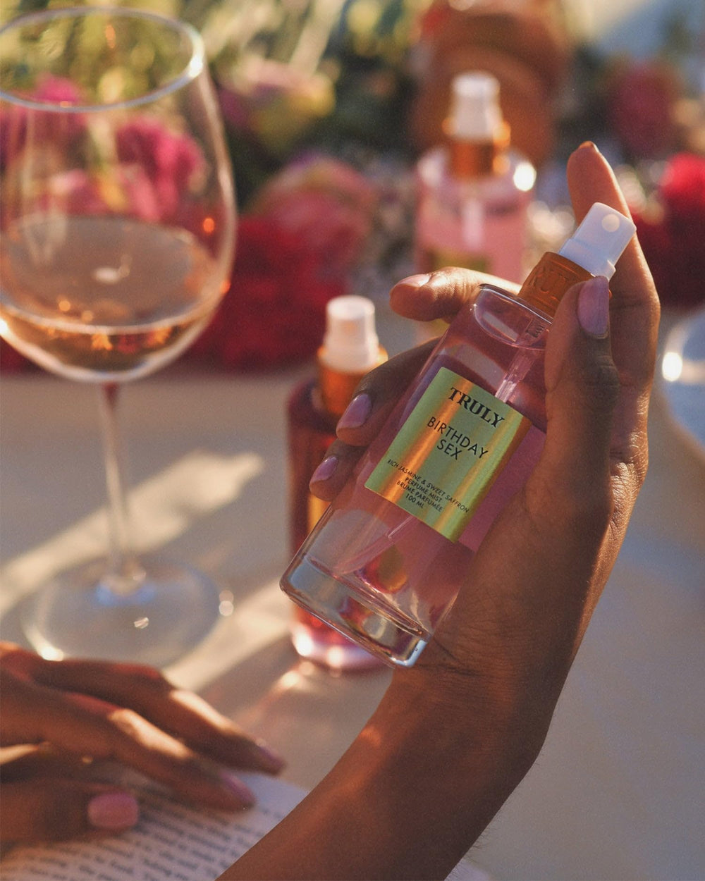 Truly Birthday Sex Perfume Mist jasmine-saffron detail emphasizes bold, spicy-floral core.