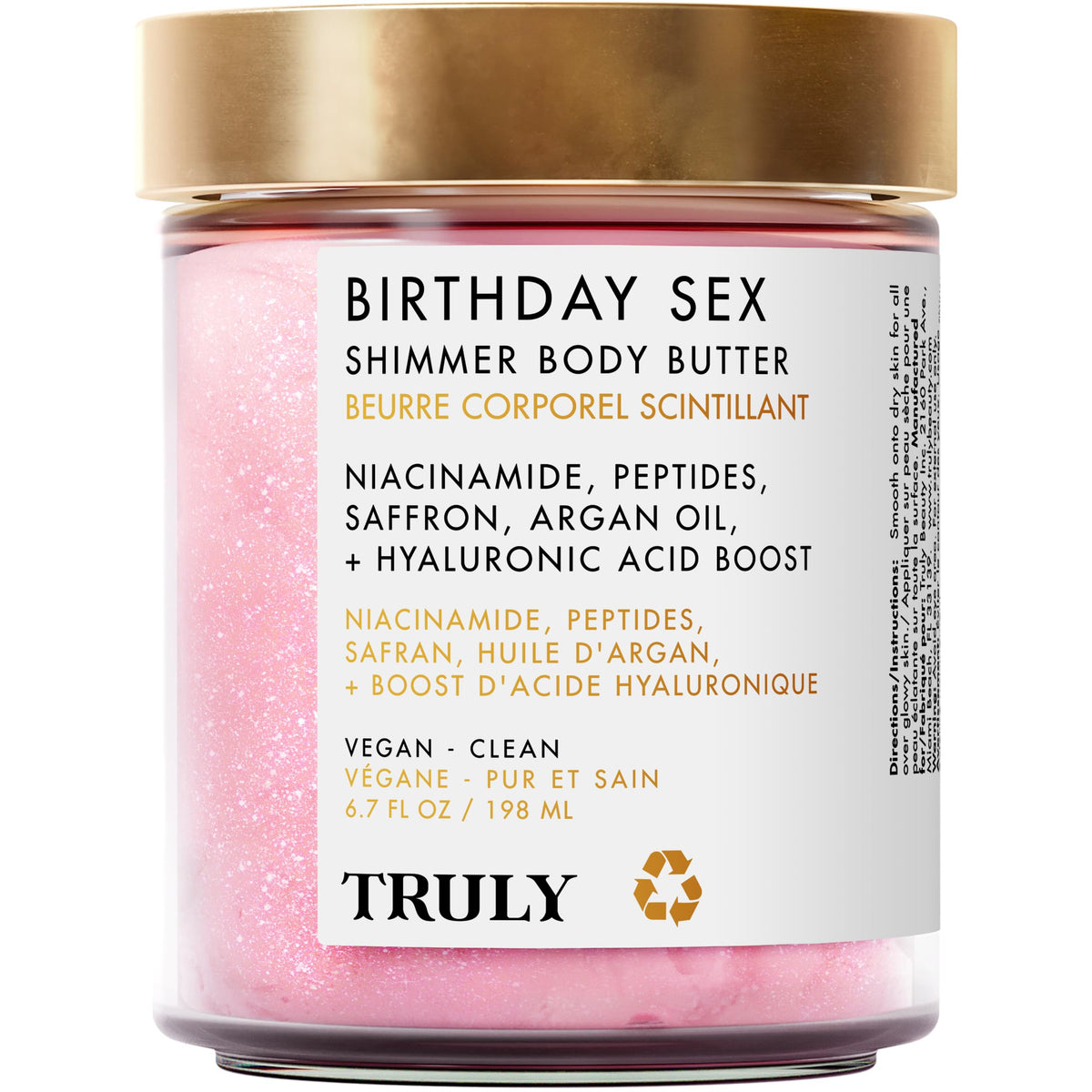 Truly Birthday Sex Shimmer Butter jar closeup highlights rosy glow for radiant skin.