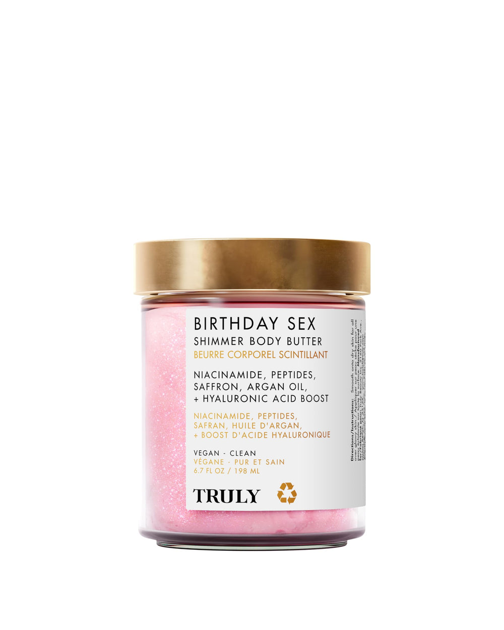 Truly Birthday Sex Shimmer Butter rose-gold finish skin look on closeup.