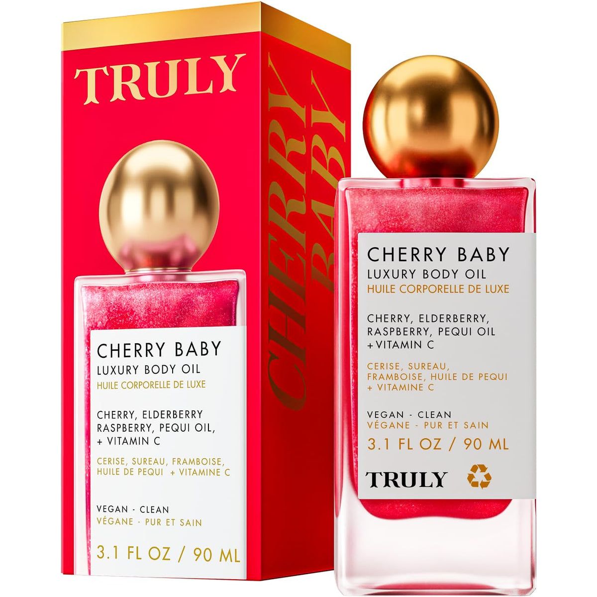 Truly Cherry Baby Oil bottle closeup for luxurious skin hydration.
