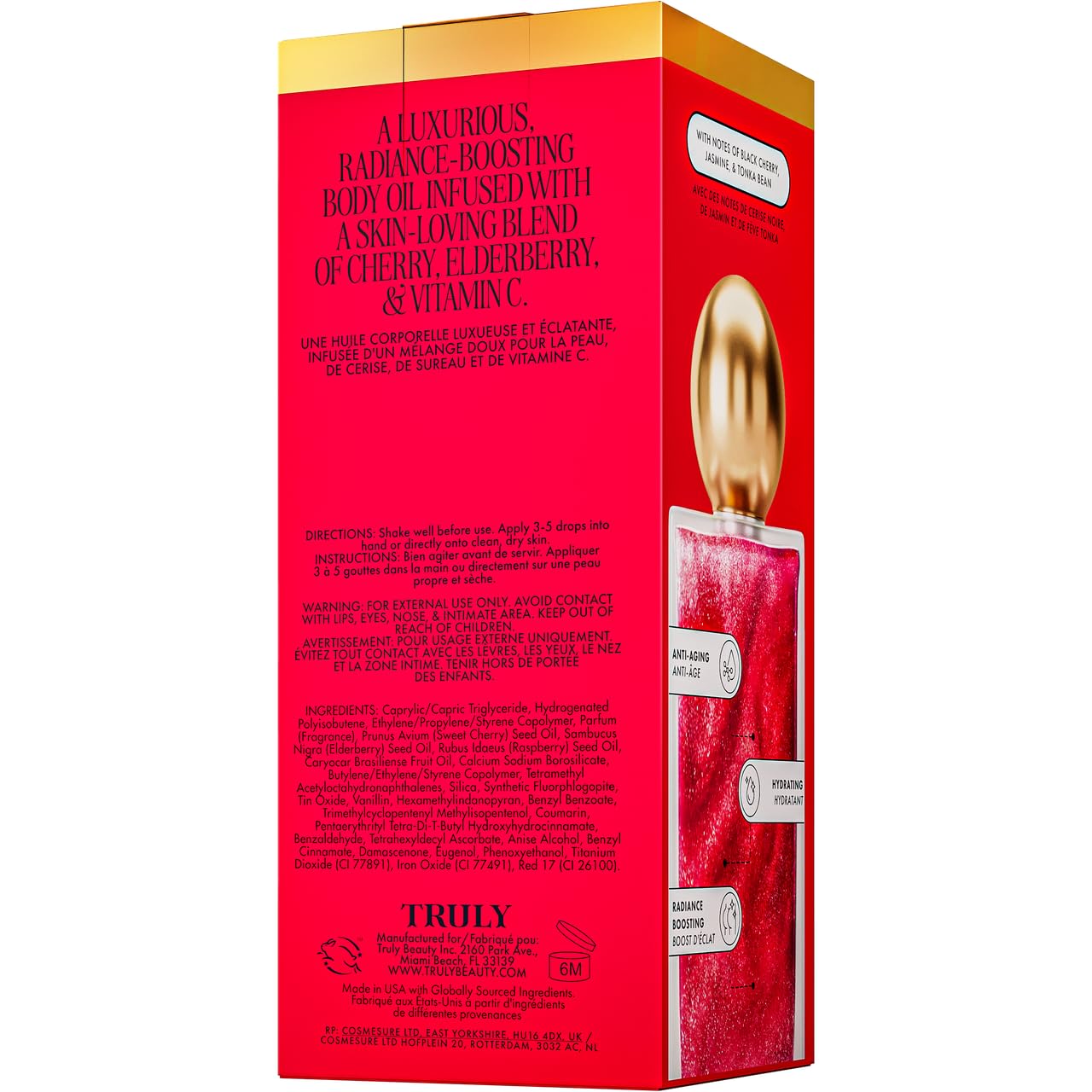 Truly Cherry Baby Oil brand label signals luxury skincare.