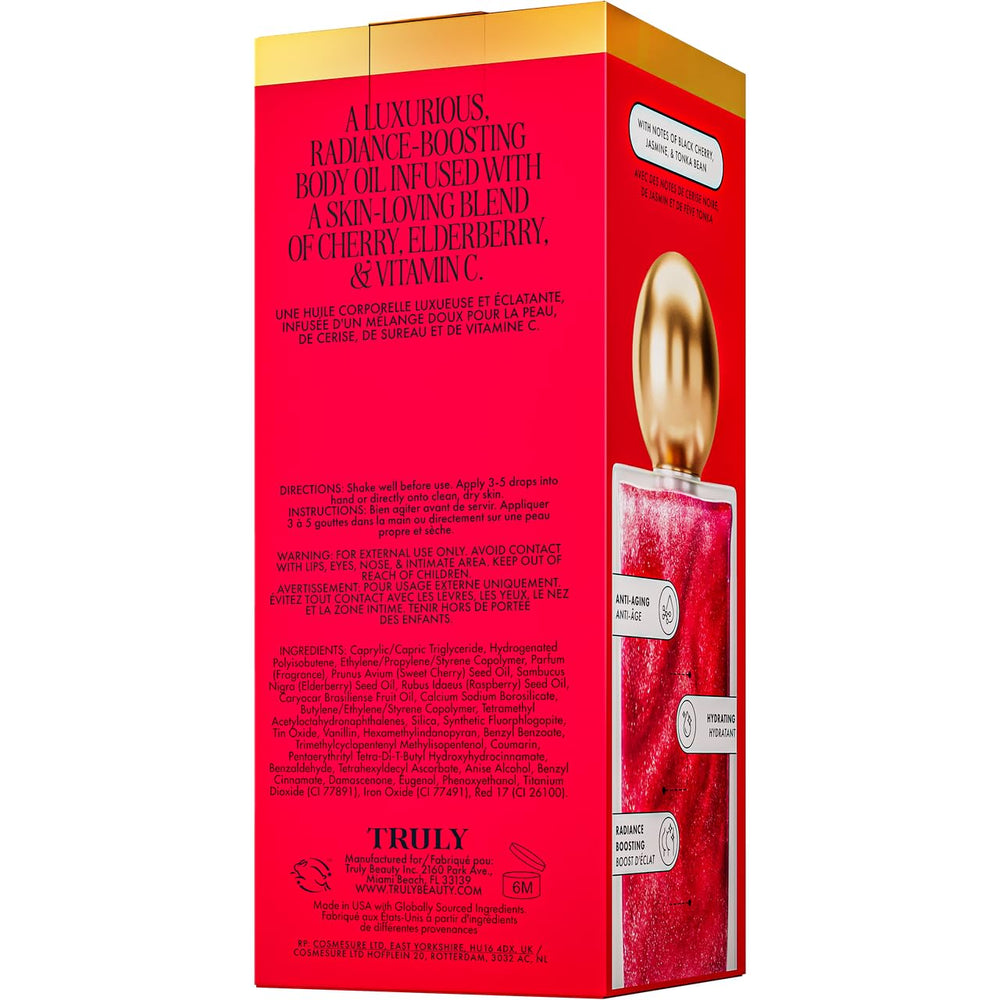 Truly Cherry Baby Oil brand label signals luxury skincare.