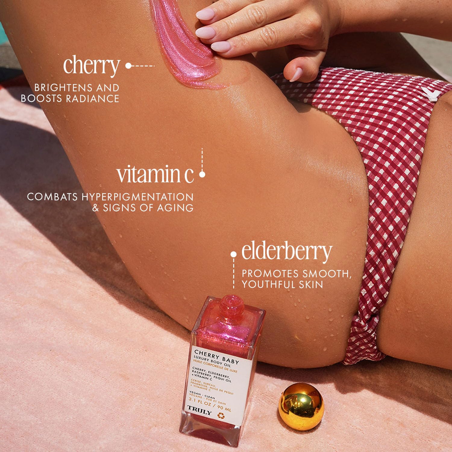 Truly Cherry Baby Oil on skin after massage for a radiant finish.