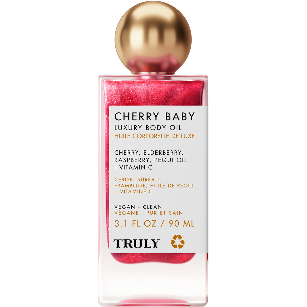 Truly Cherry Baby Oil ingredients graphic emphasizes vitamins A-D.