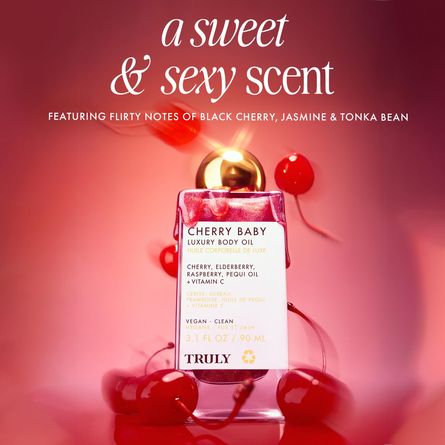 Truly Cherry Baby Oil massaged into skin for nourishing care.