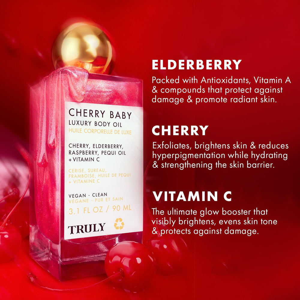 Truly Cherry Baby Oil pump bottle showing easy, quick application.