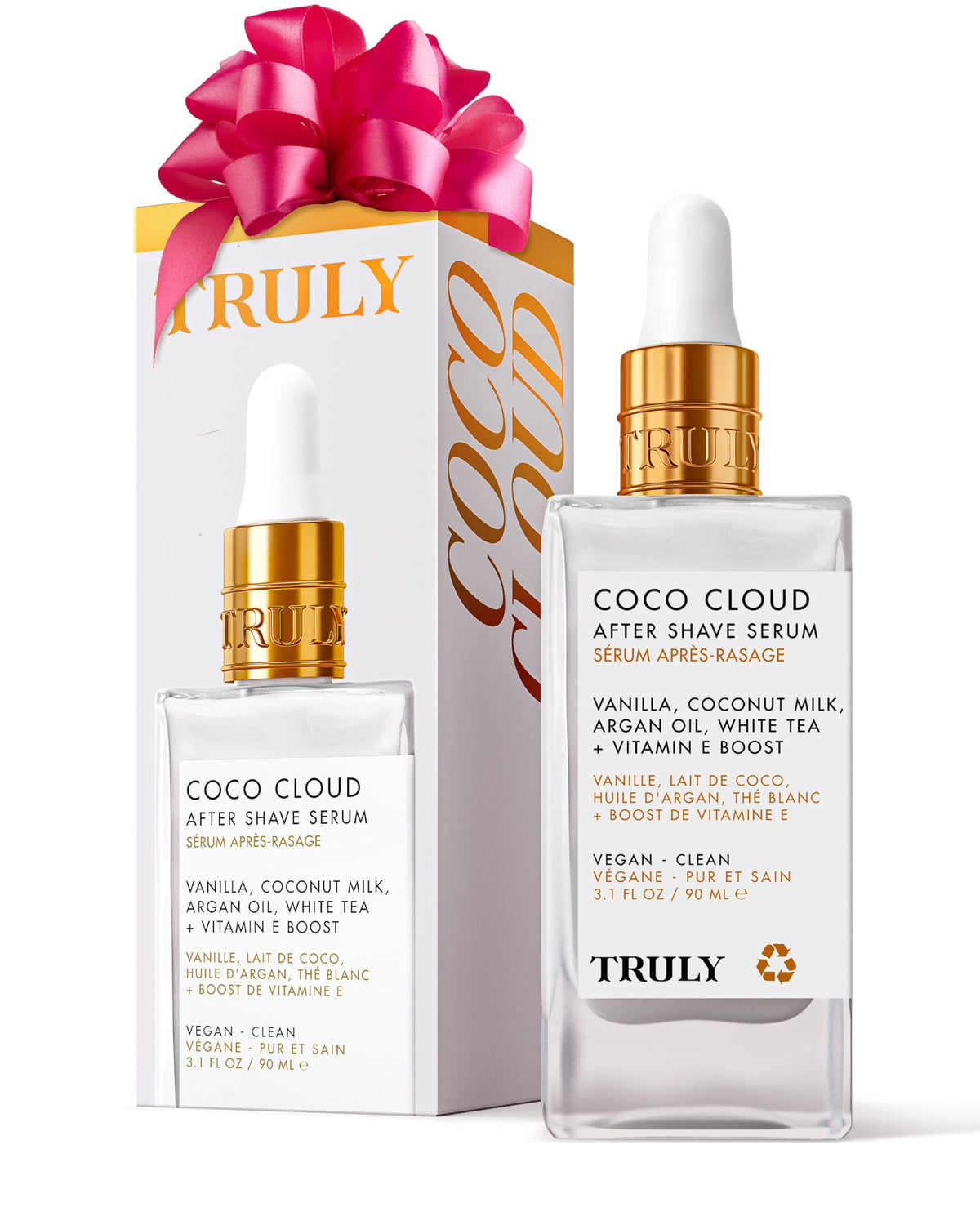 Truly Coco Cloud after shave serum bottle pouring for soothing post-shave hydration