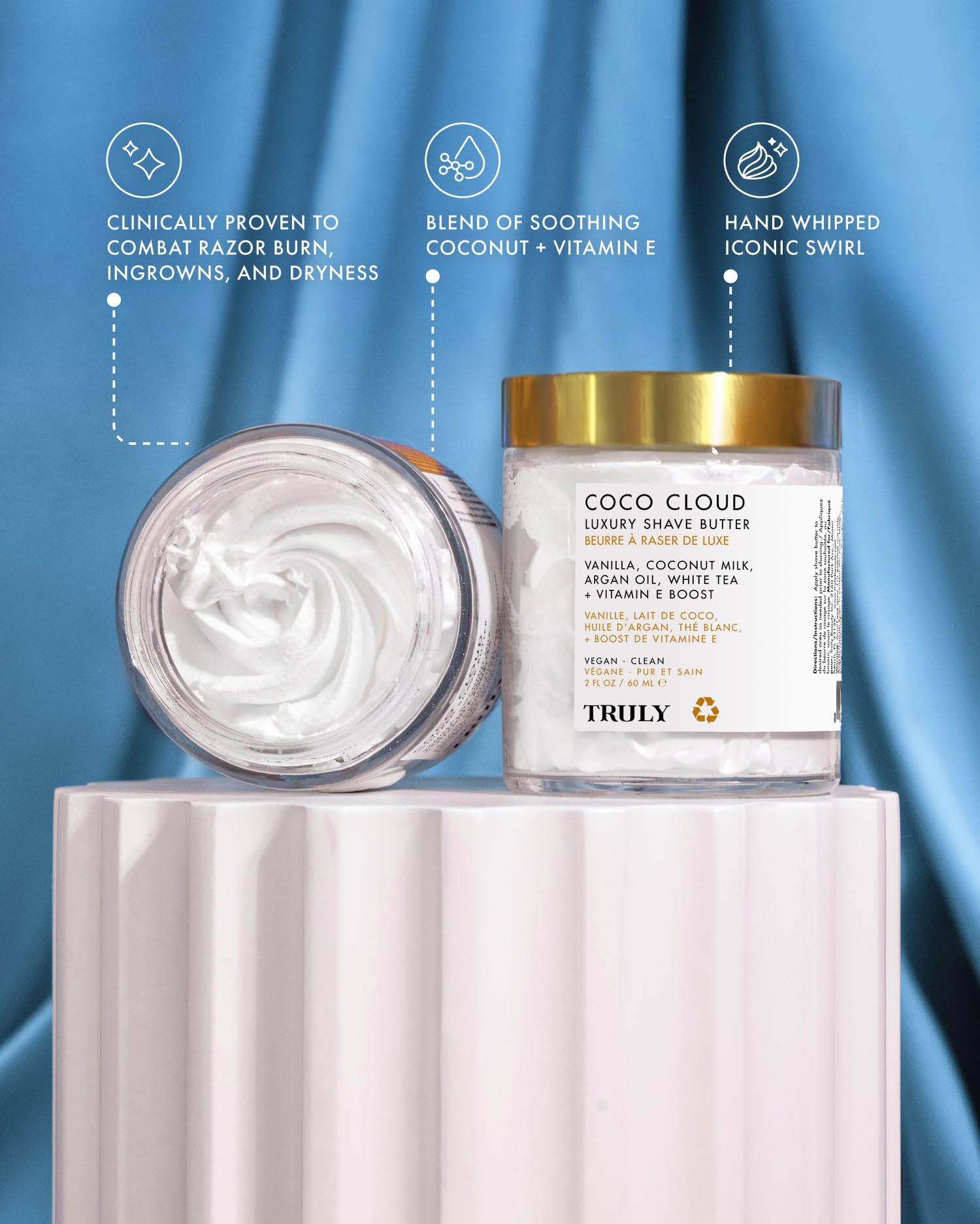 Truly Coco Cloud Luxury Shave Butter ingredient card highlights coconut milk and mango seed butter for moisturization.