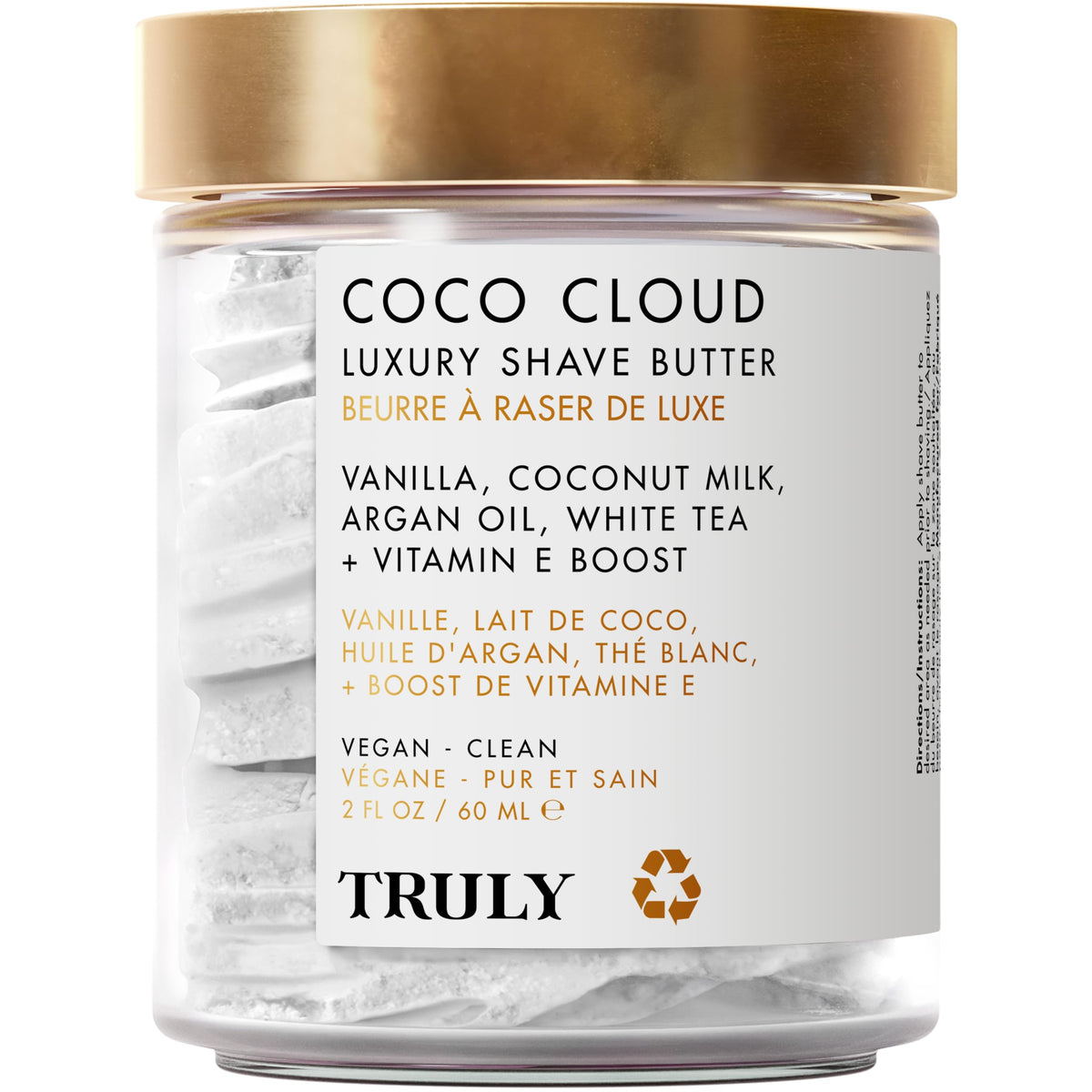 Truly Coco Cloud Luxury Shave Butter jar closeup, creamy texture for smooth, hydrated skin.