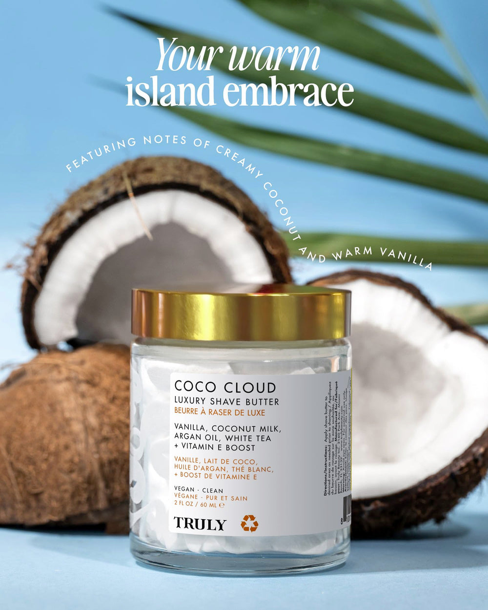 Truly Coco Cloud Luxury Shave Butter texture swirls show whipped, lightweight application for a comfortable shave.