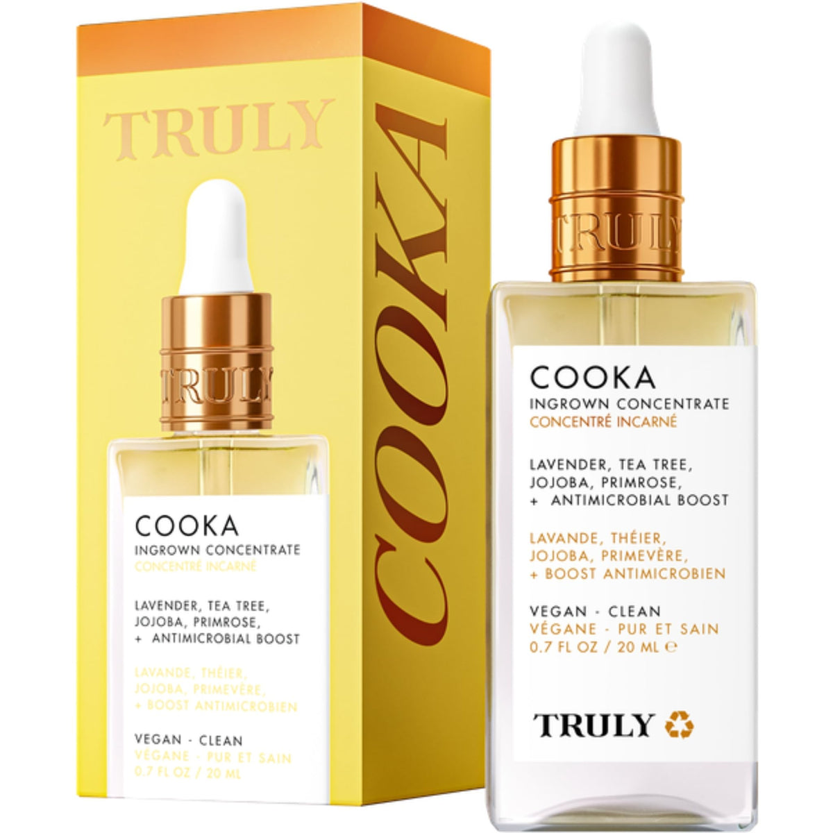 Truly Cooka Concentrate bottle on shelf for ingrown relief and hydration.