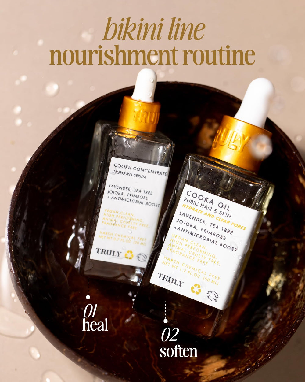 Truly Cooka Concentrate lavender and tea tree ingredients illustration for calming skin.
