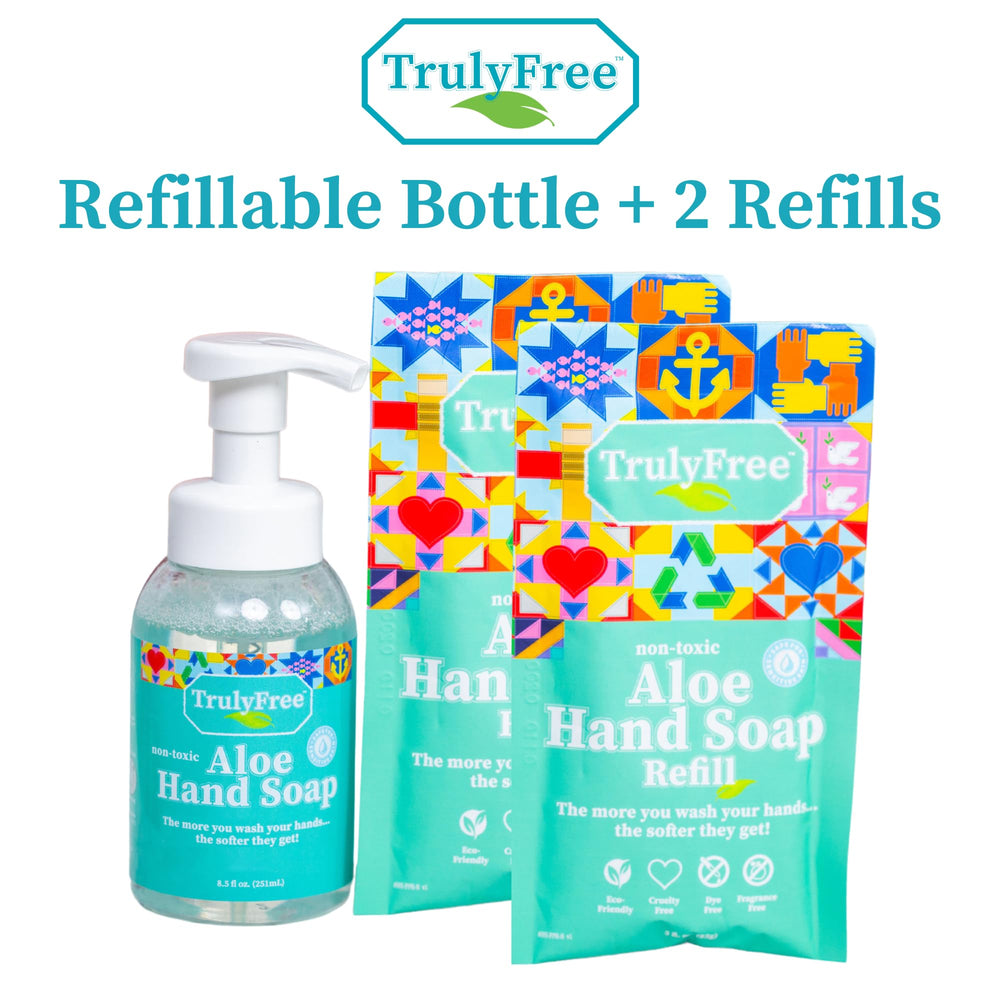 Truly Free Aloe Unscented Hand Soap bottle packaging highlights 10x concentrated cleansing