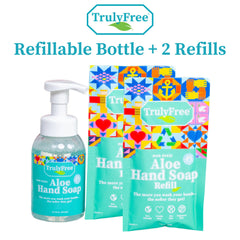 Truly Free Aloe Unscented Hand Soap bottle packaging highlights 10x concentrated cleansing