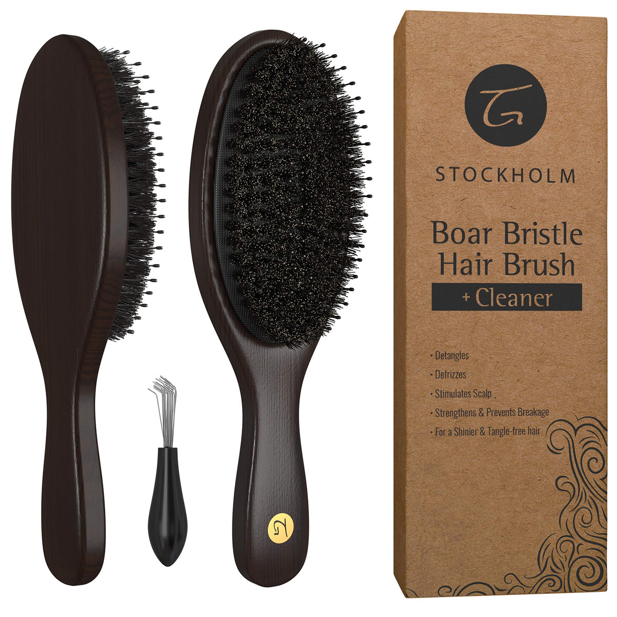 TRULY GENUINE STOCKHOLM hairbrush with wooden handle closeup for comfortable daily grooming.