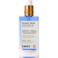 Truly Glass Skin After Shave Oil bottle shows glow and pore-minimizing potential.