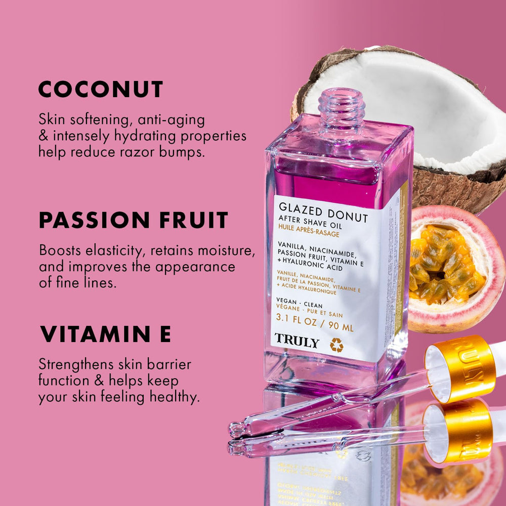 Truly Glazed Donut After Shave Oil label close-up highlighting vegan cruelty-free ingredients