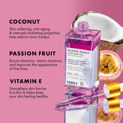 Truly Glazed Donut After Shave Oil label close-up highlighting vegan cruelty-free ingredients