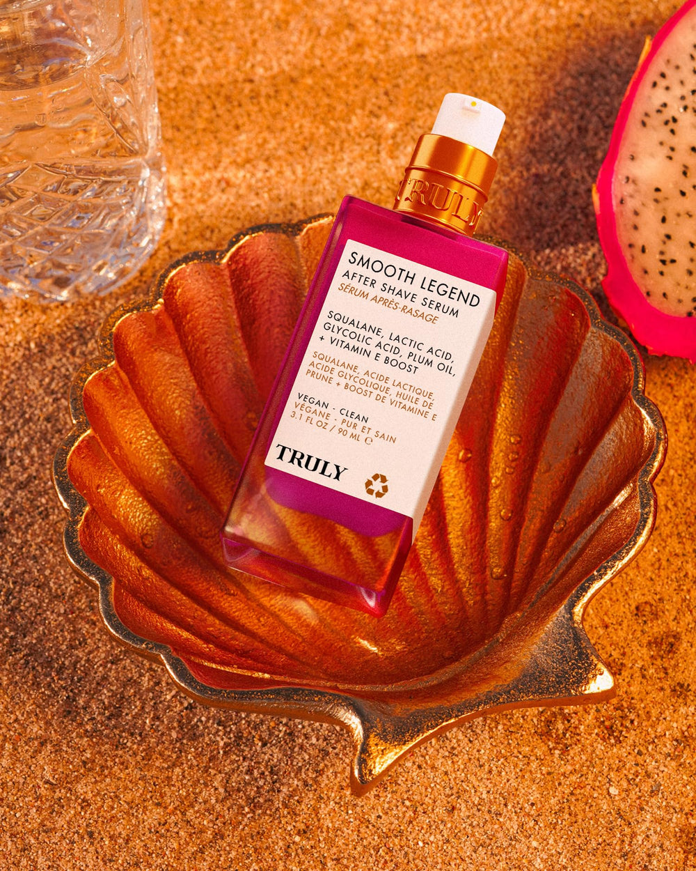 Truly Smooth Legend bottle closeup highlighting plum oil and squalane hydration.