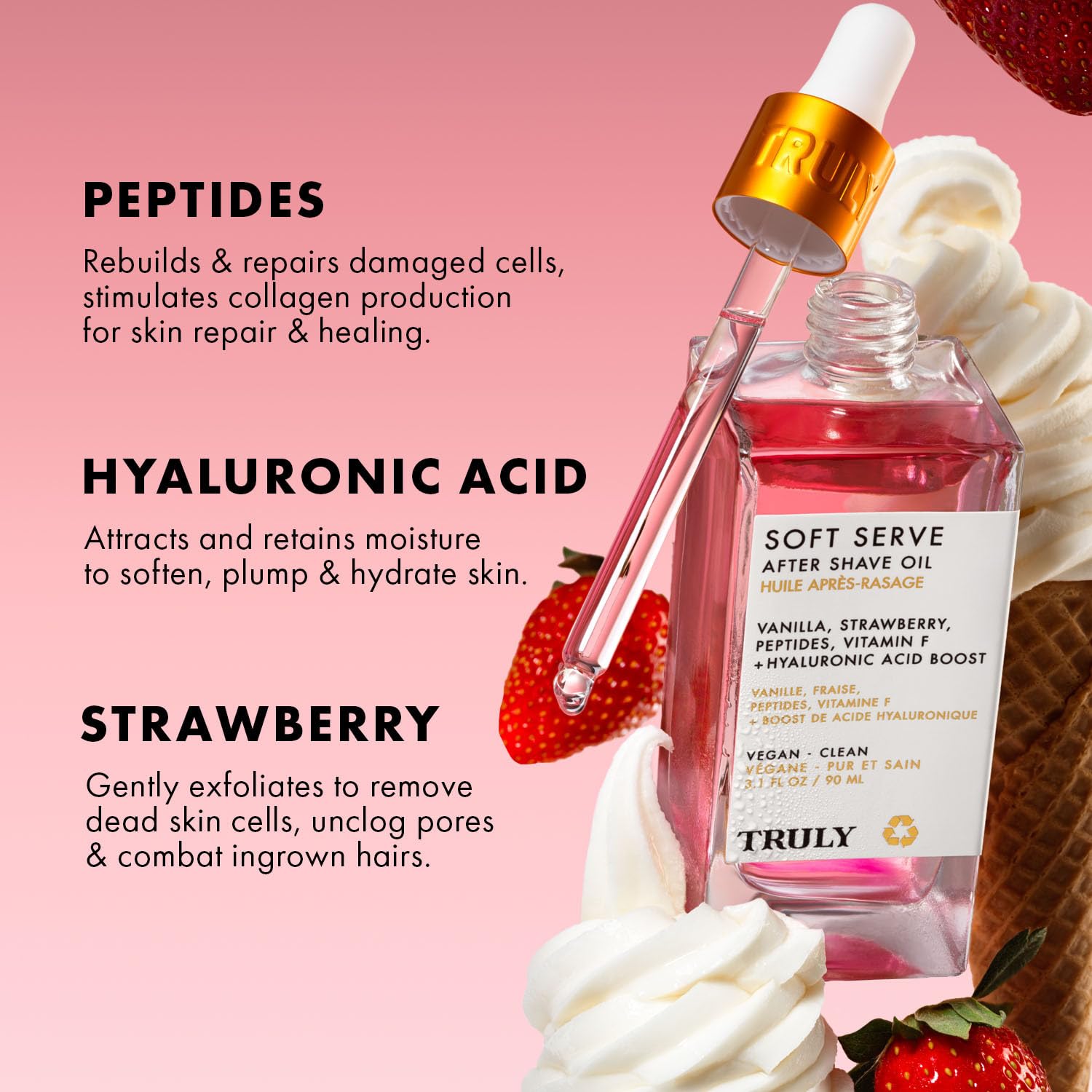 Truly Soft Serve After Shave Oil label close-up with premium formula details.